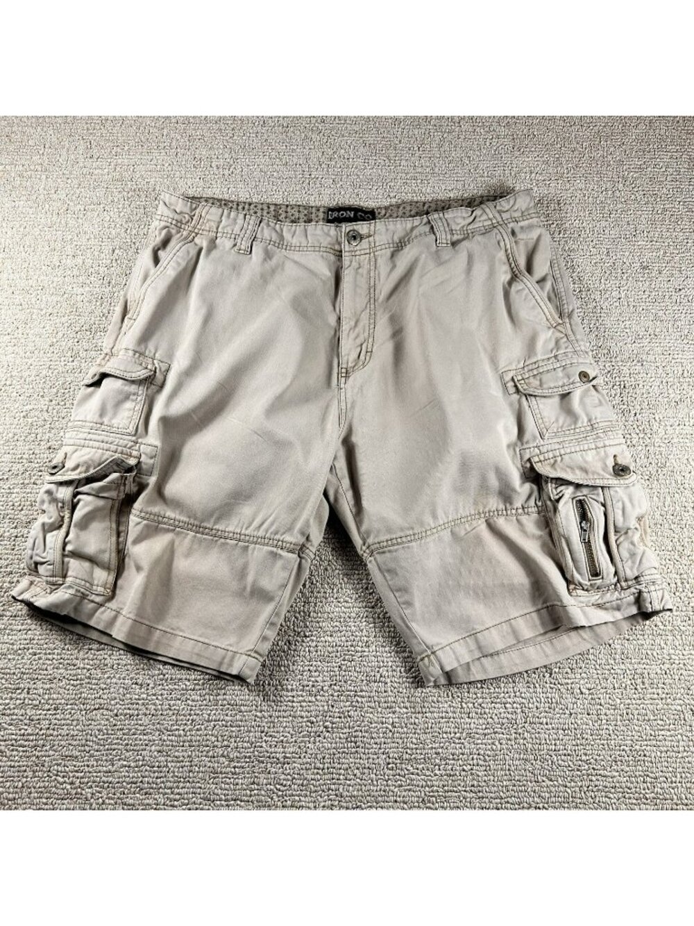 Iron Co Flat Front Cargo Shorts Pockets Beige Men’s Size 38 x 10